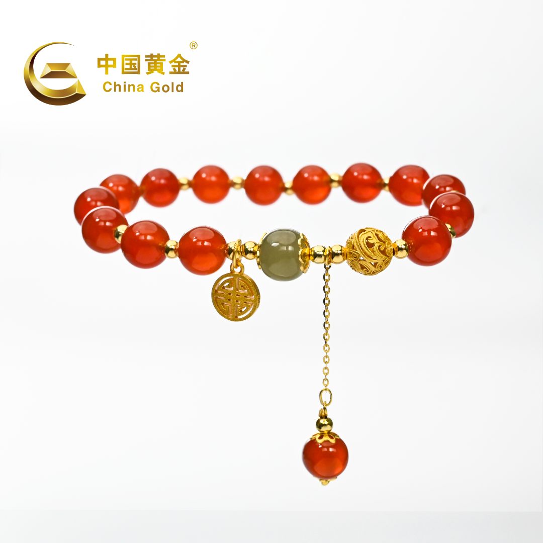 China Gold/中国黄金S925银南国相思豆红玉髓手链手串红豆福牌