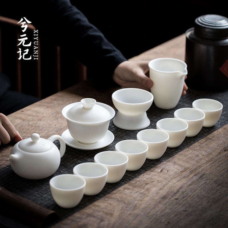 素烧陶瓷茶具套装 家用哑光羊脂玉瓷盖碗功夫茶具 简约办公室会客
