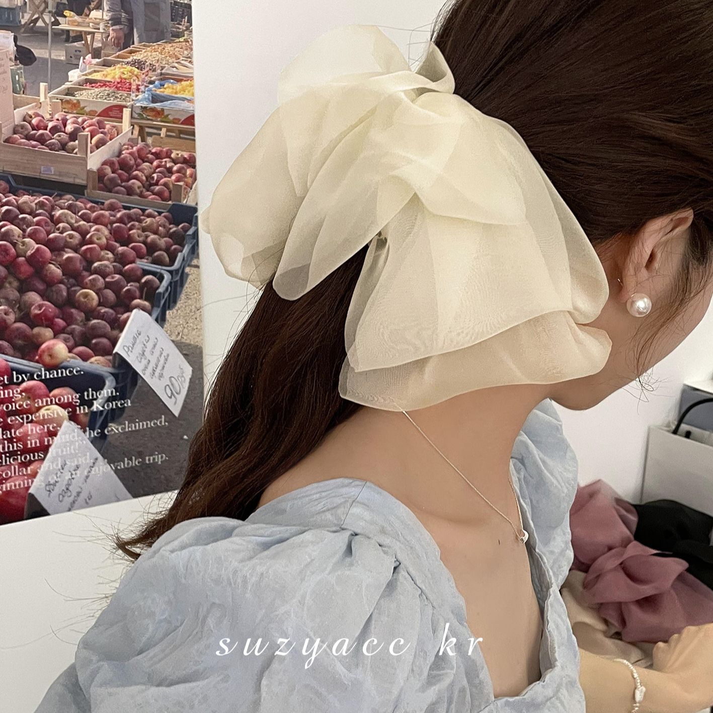 Suzyacc Kr 铜合金布艺发饰 仙气纱蝴蝶结发夹后脑勺弹簧夹F1873