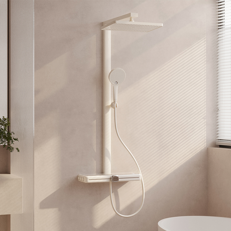 EUNX尹西淋浴套装奶油风方管恒温带数显置物台全铜主体花洒one