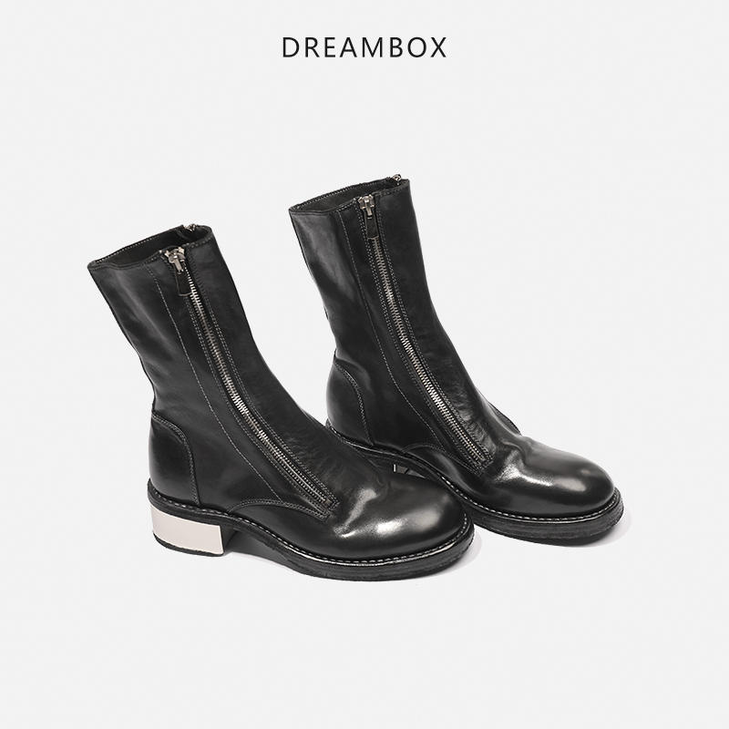 dreambox钧博高档马皮靴子女泫雅风马丁靴粗跟手工固特异长筒靴