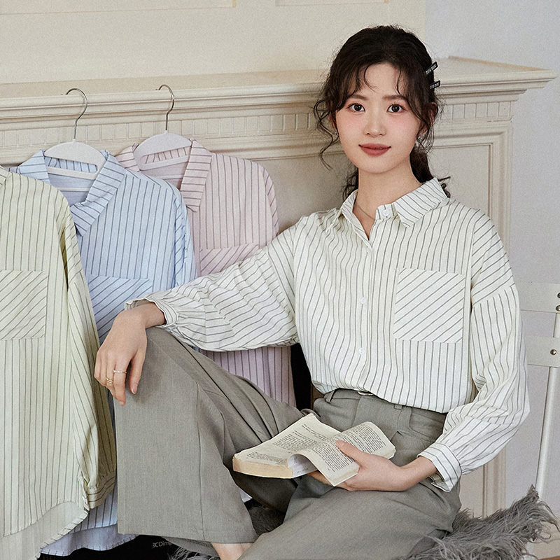 禾许【年货节】韩系条纹长袖衬衫女秋冬独特别致设计感小众宽松上衣