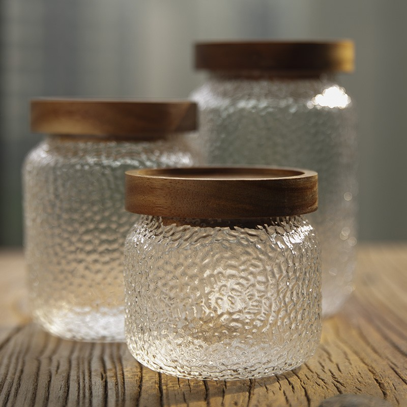 日式锤目纹玻璃相思木盖密封罐零食杂粮罐茶叶储物调料罐家用带盖