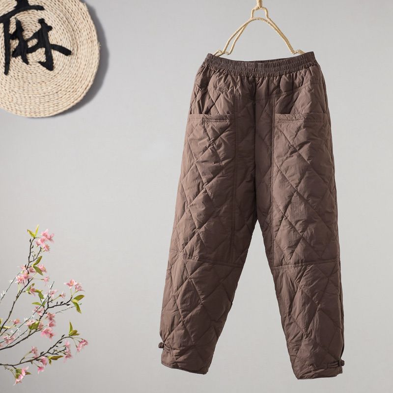 2023冬季新品文艺复古纯色菱格轻薄棉裤防风保暖加厚宽松休闲裤女