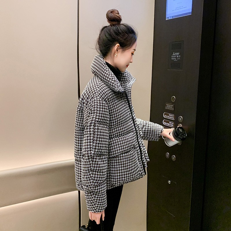 新款千鸟格棉服女2023年女冬季设计感小个子韩版加厚宽松棉衣外套