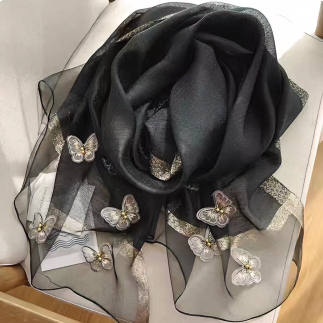2023新款 桑蚕丝羊毛175*75左右围巾长款丝巾【钉珠蝴蝶】 黑色