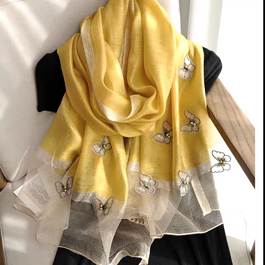 2023新款 桑蚕丝羊毛175*75左右围巾长款丝巾【钉珠蝴蝶】 黄色