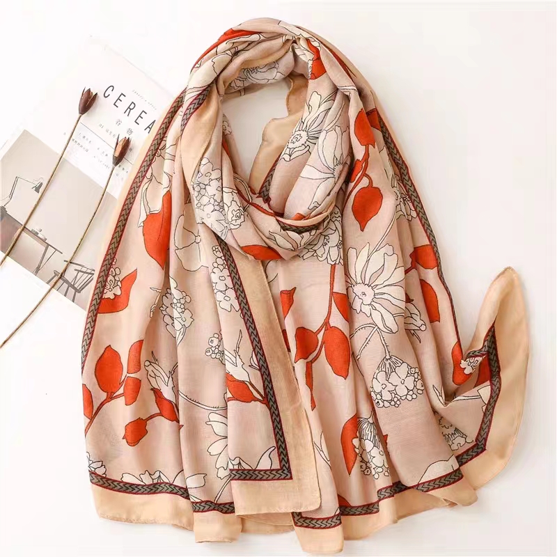 【棉麻气质】70*180百搭围巾 春秋长款舒适时尚披肩 - 温婉花枝