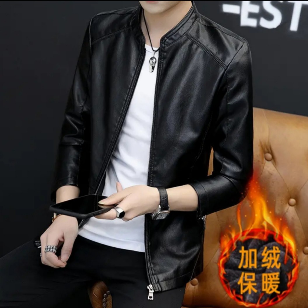 IMPISH LEE男士皮衣秋冬款加绒皮衣男款休闲立领夹克修身百搭外套