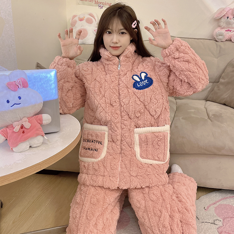 三层夹棉女士睡衣套装秋冬季可外穿大码加厚加绒少女家居服套装