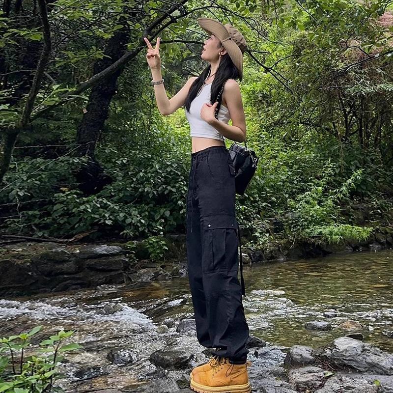 美式黑色工装裤女秋款加绒宽松冲锋裤子小个子秋季女款登山裤秋冬