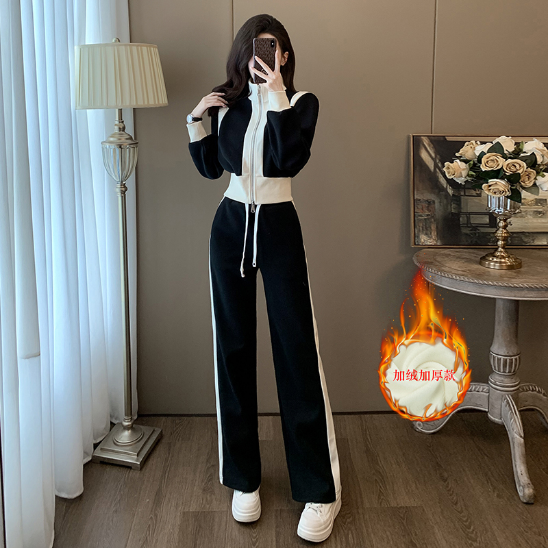 休闲套装女秋冬加绒显瘦高腰运动时尚黑色宽松减龄直筒连帽撞色