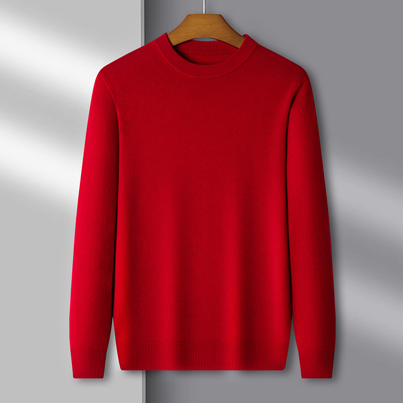 男士羊毛衫圆领秋冬加厚长袖羊毛本命年红色毛衣纯色冬季保暖毛衫