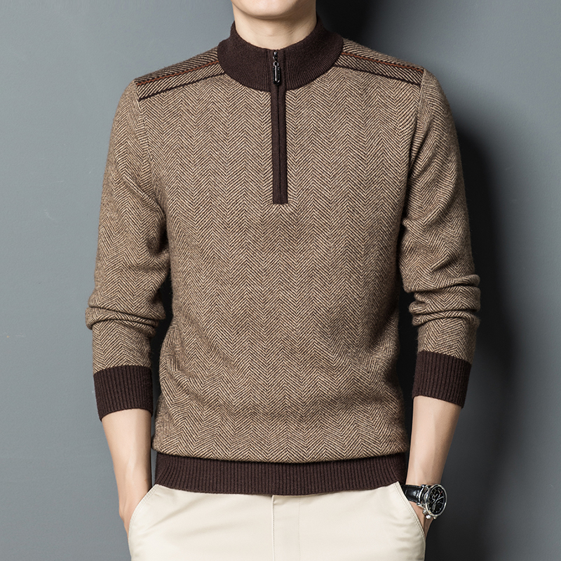100%纯羊毛衫男鄂尔多斯市加厚半高领长袖拉链毛衣保暖冬季休闲