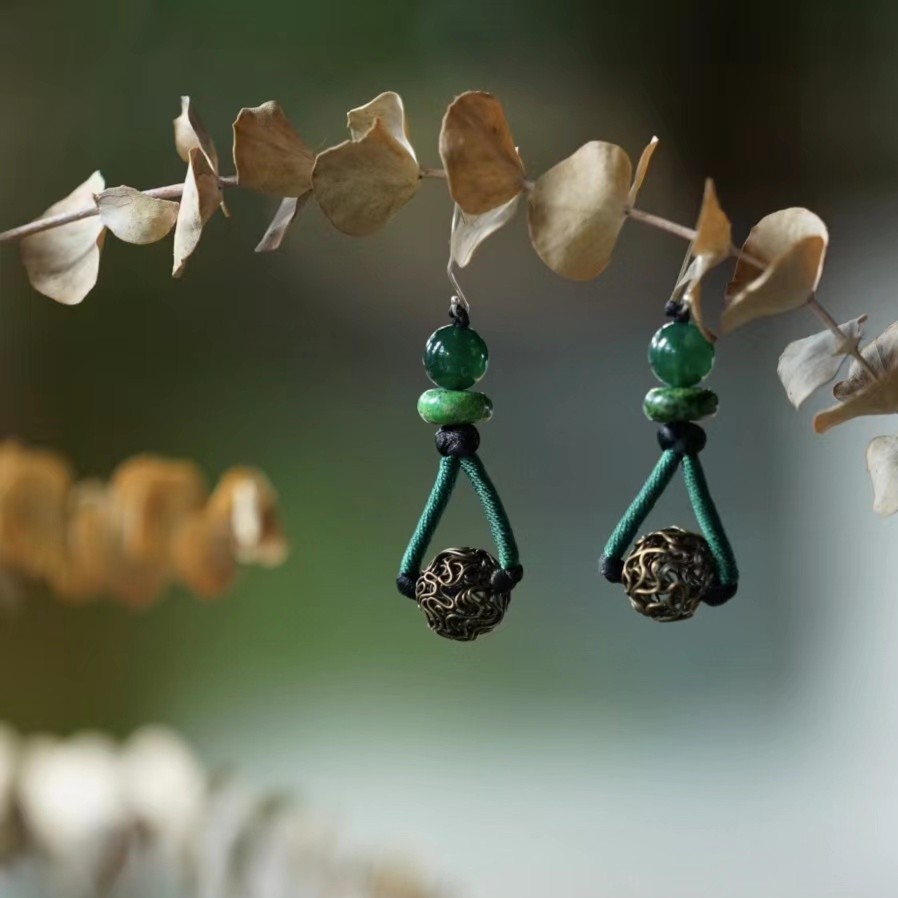 非金属珐琅耳饰 游尘衣物/绿色镂空耳环复古耳坠手工百搭手作古风