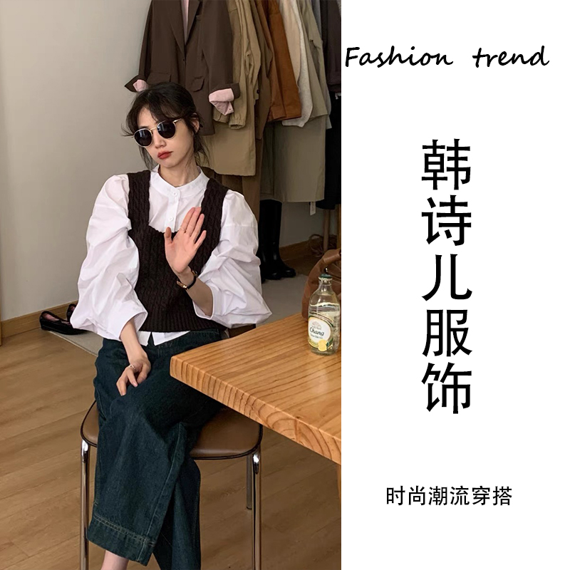 法式时尚新款套装女气质潮流衬衫小众方领马甲搭牛仔裤时髦三件套