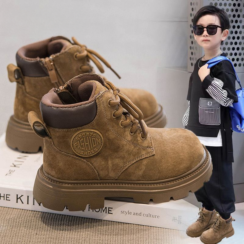 巴拉巴啦儿童靴子男童真皮马丁靴潮牌大黄靴2023秋冬新款防中大童