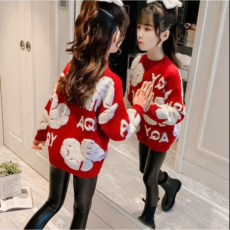 巴拉巴啦女童加厚毛衣2023新款秋冬装韩版中大童套头小熊加绒加厚