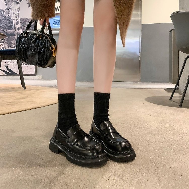 厚底乐福鞋女2023新款秋冬棕色英伦复古一脚蹬小皮鞋春秋增高单鞋