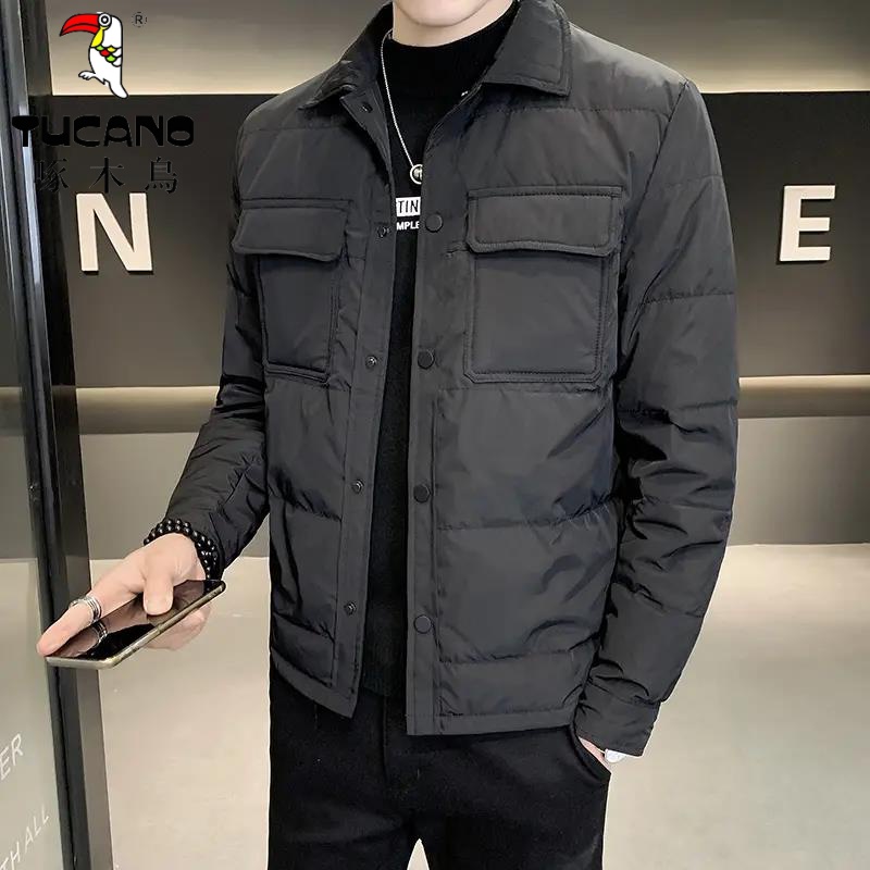啄木鸟羽绒服男2023冬新款轻薄休闲工装潮牌百搭翻领帅气上衣外套