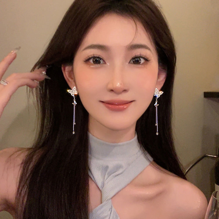 铜合金耳饰 时颜】蝴蝶流苏耳环超仙耳钉小众高级感时尚百搭耳饰女
