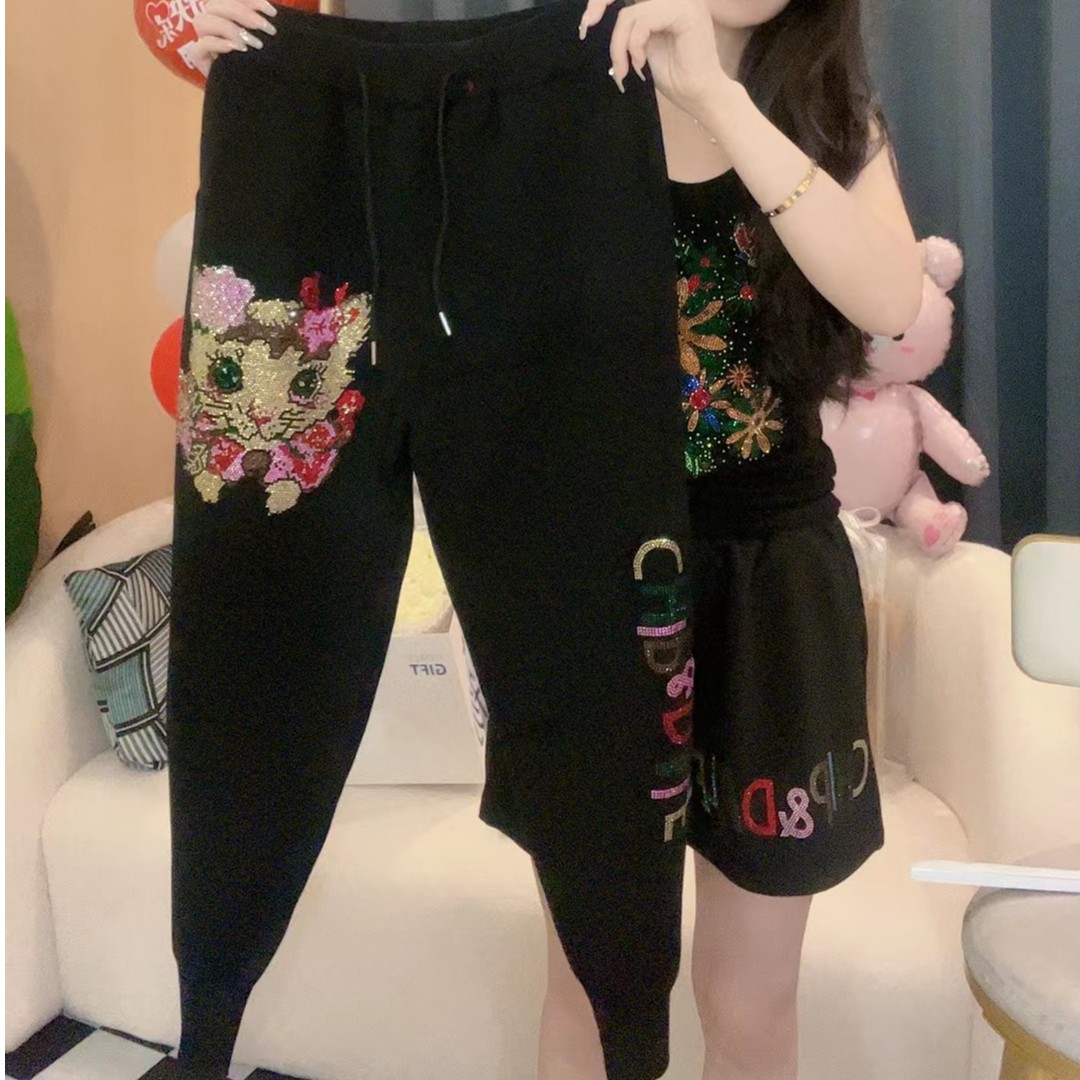 丽丽家  花猫烫钻休闲裤
