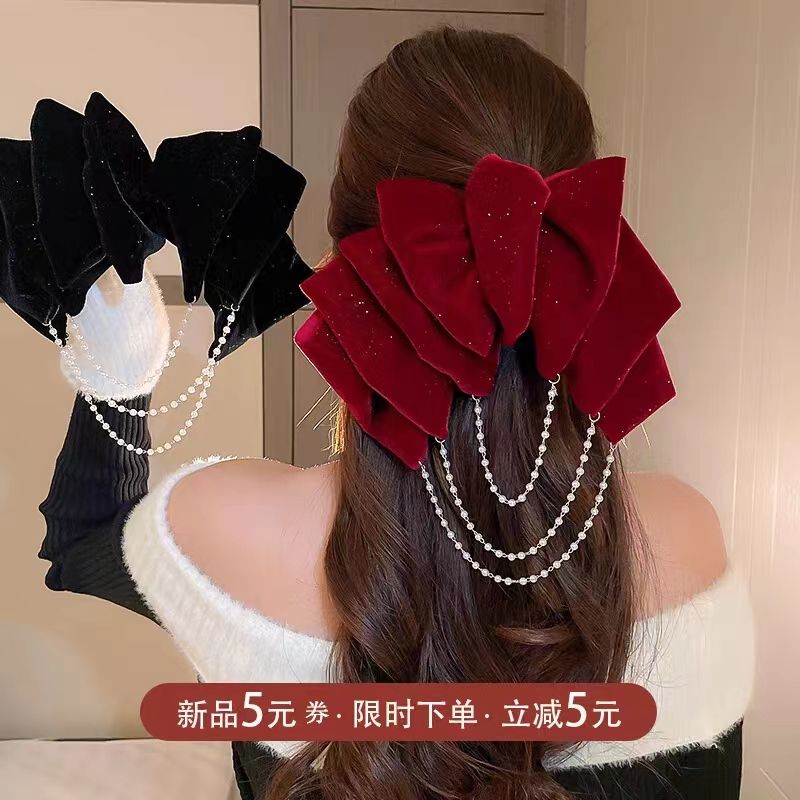 丝绒蝴蝶结发夹女2023新款后脑勺顶夹高级感半扎发秋冬弹簧夹发饰