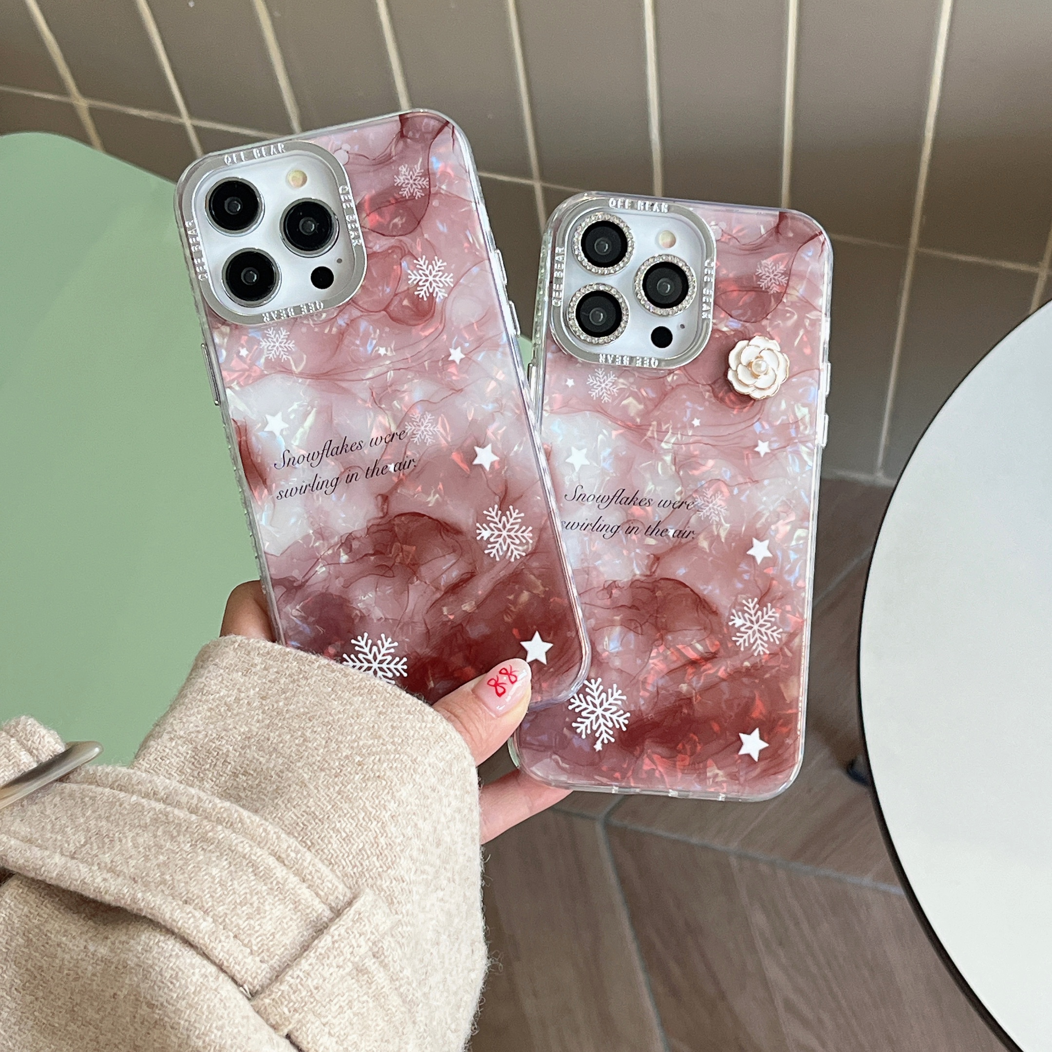 适用苹果系列iPhone15新款手机壳网红晕染红雪花镜头膜ins风创意
