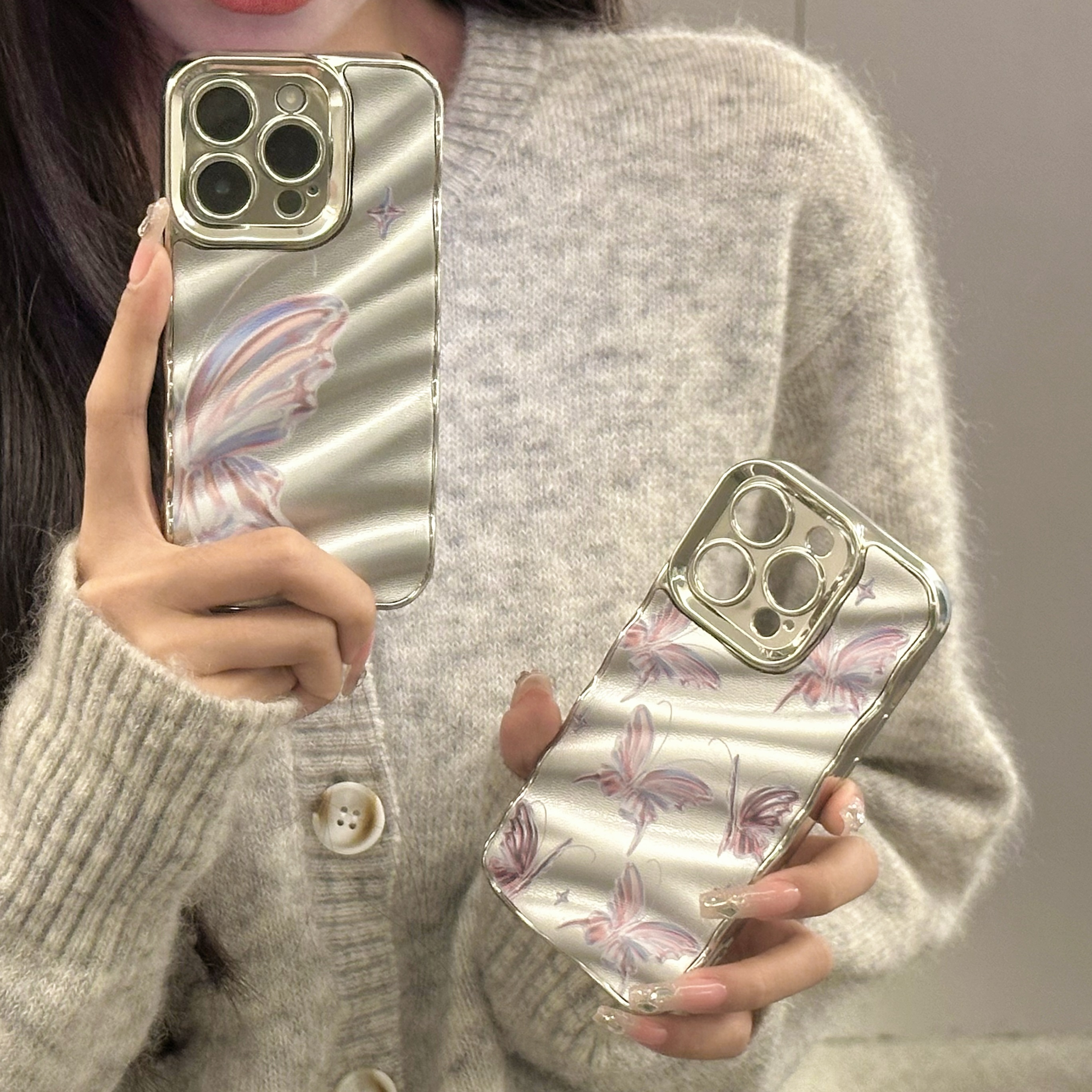 适用苹果华为系列iPhone15新款手机壳电镀皮质波纹气质蝴蝶防摔