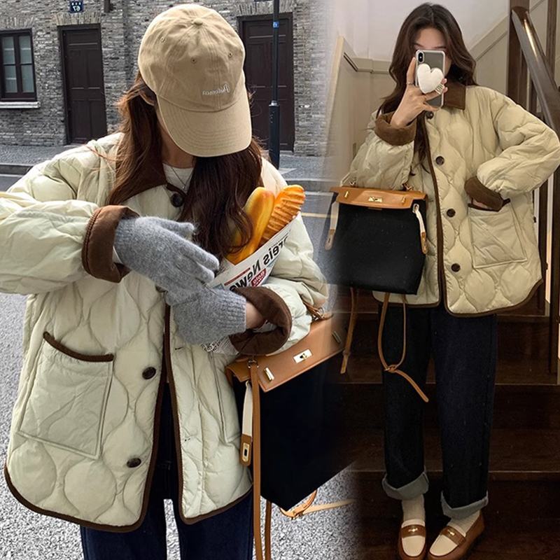 孕妇2023秋冬季新款撞色翻领菱格棉服女设计感小个子宽松加厚外套