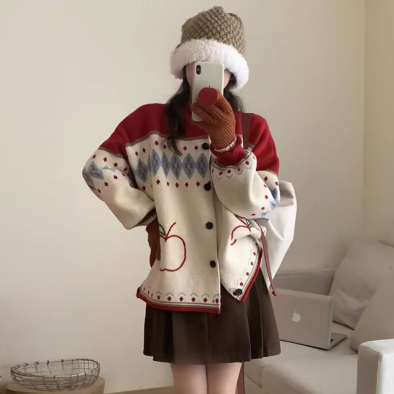 孕妇慵懒风加厚复古提花文艺刺绣针织开衫秋冬季拼色卷边毛衣外套