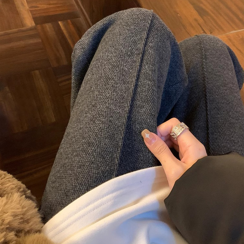 孕妇版型巨好人字纹托腹阔腿裤女秋冬休闲西装裤灰色毛呢直筒裤