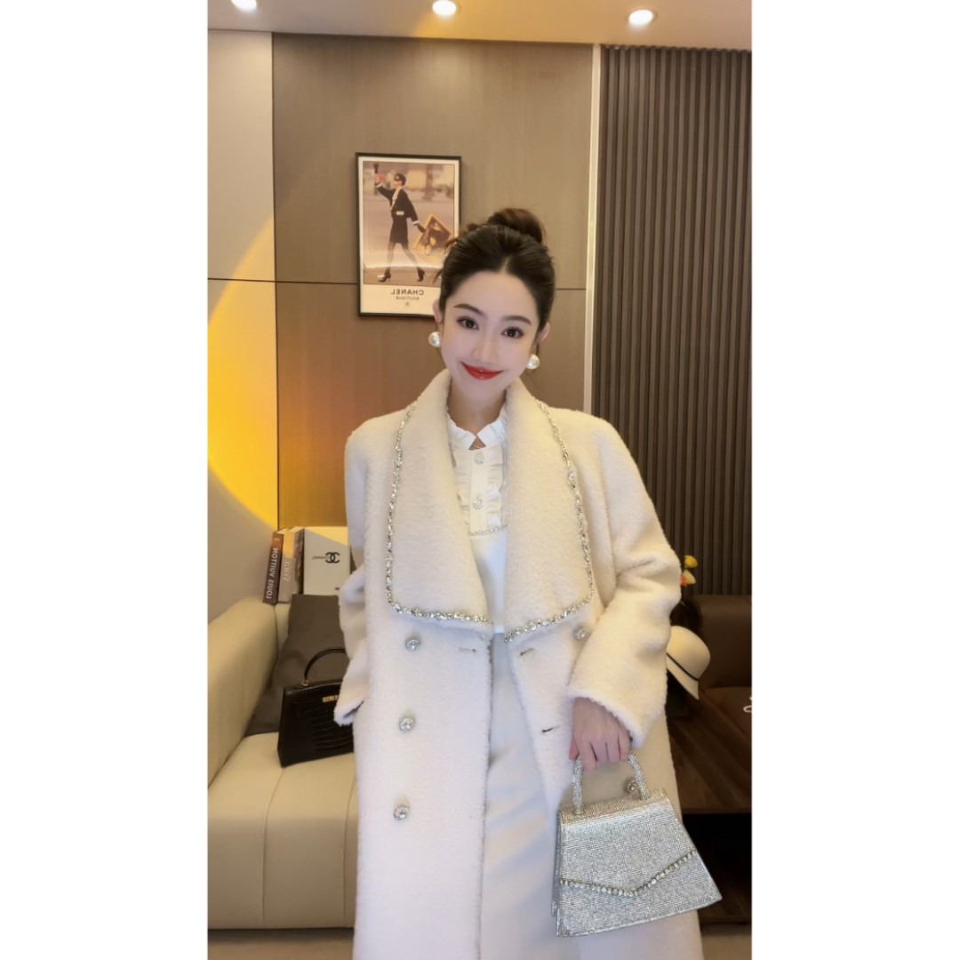 【大李自制】100全绵羊毛 重工精致 香草白色长款外套 2268137