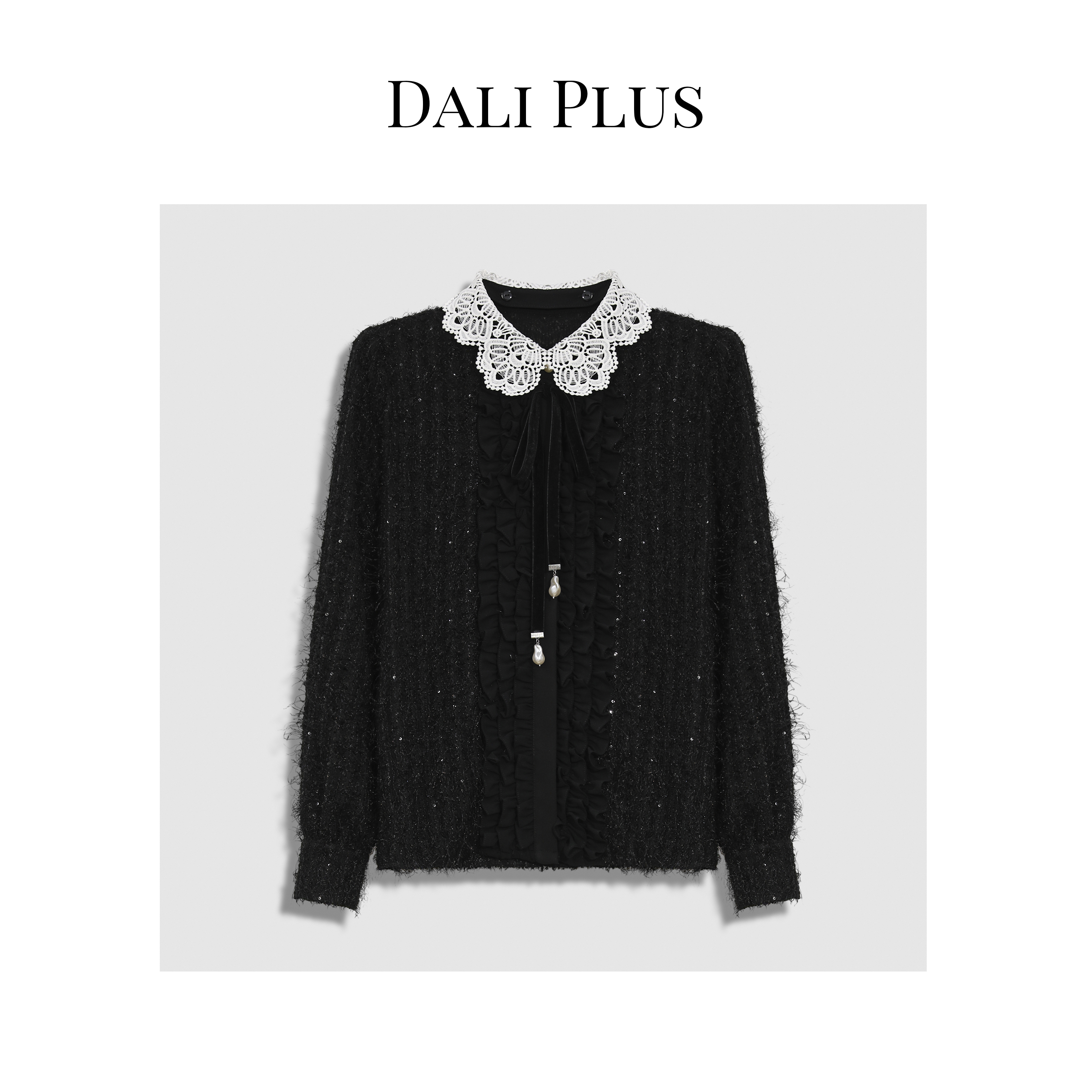 DALI PLUS黑色仙女毛拼花边蕾丝翻领秋冬针织衫上衣