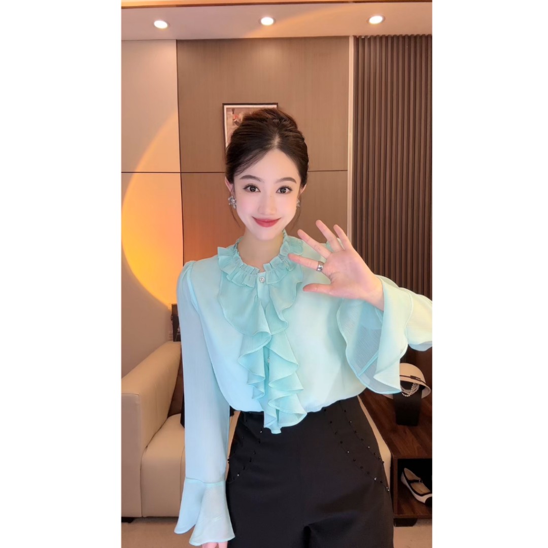 【湖水蓝】大李PLUS 时尚吸睛设计感洋气减龄色荷叶领气质衬衫