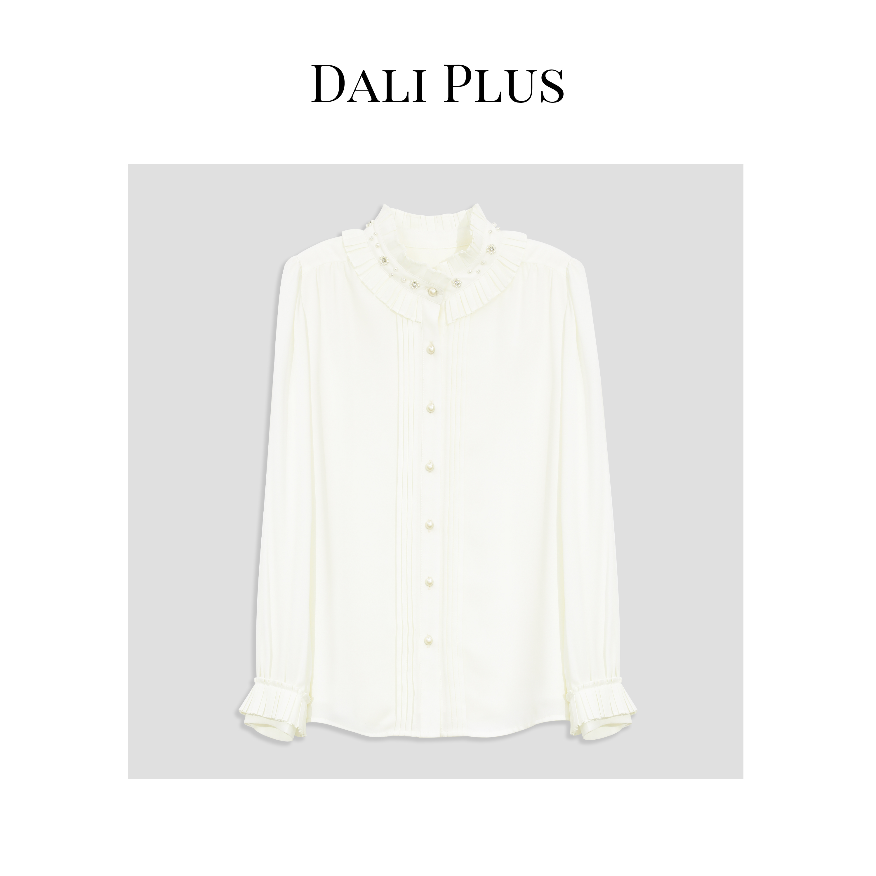 DALI PLUS百搭法式 珍珠花型设计 奶白色压褶衬衫热力感WY-0926