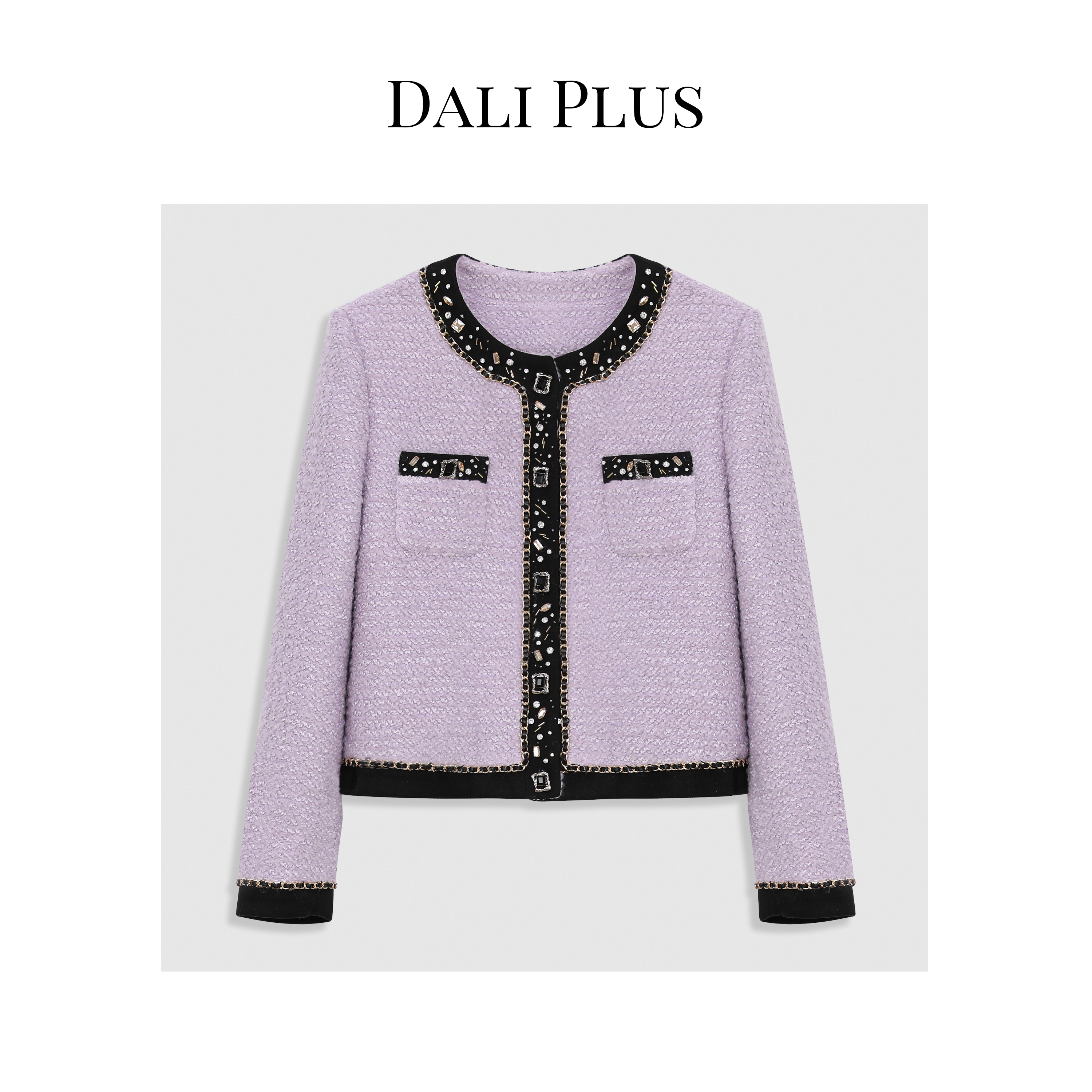DALI PLUS紫色手工珠钻链条羊毛小香鹅绒服外套热力感Z-126