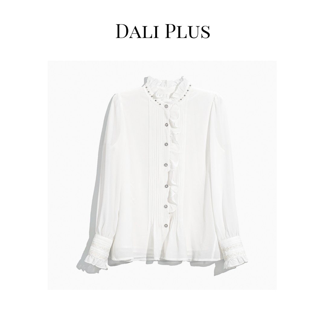 DALI PLUS重磅三醋酸 设计感木耳领 气质百搭白色衬衫-23T-03055