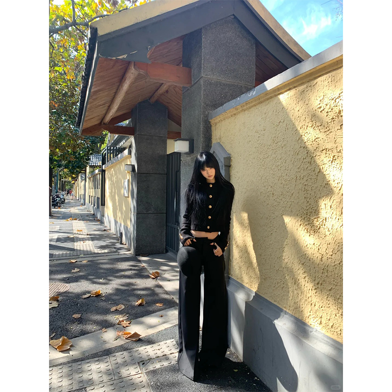2024秋冬新款时尚韩系洋气减龄设计感长袖上衣高腰显瘦百搭阔腿裤