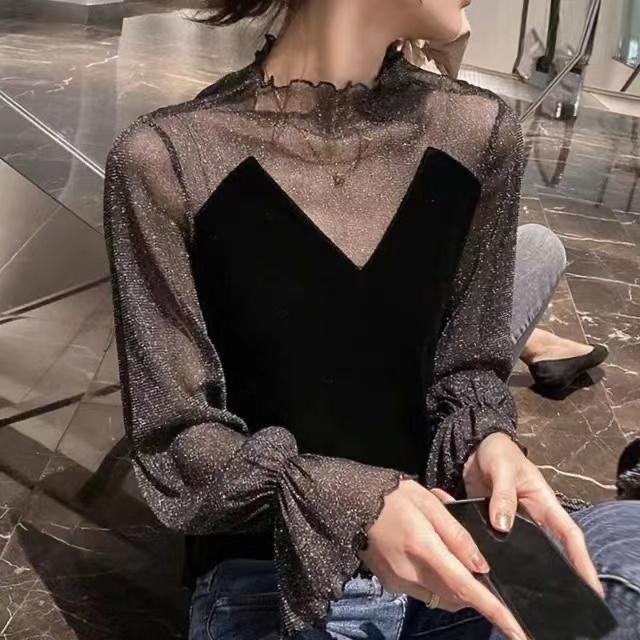 打底衫女秋冬丝绒拼接网纱衣半高领内搭喇叭袖女上衣 Y181