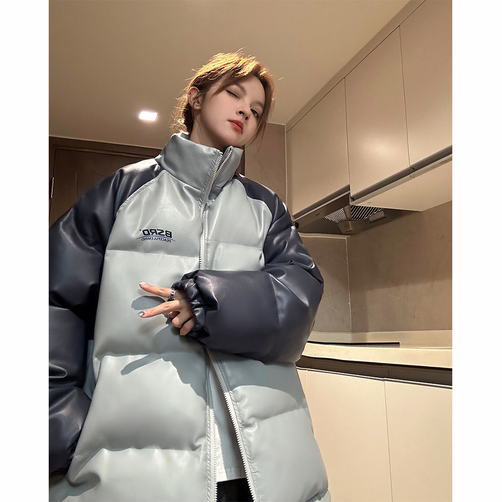 棉服男士冬季新款高级感痞帅宽松棉衣外套pu皮撞色拼接面包服棉袄