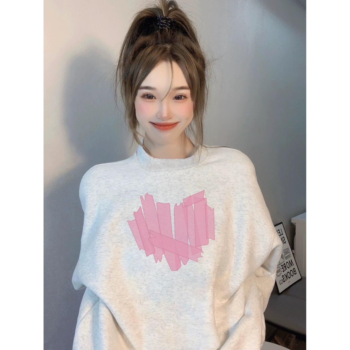 花灰色艺术生风格卫衣女秋季慵懒风ins设计感圆领套头长袖上衣潮