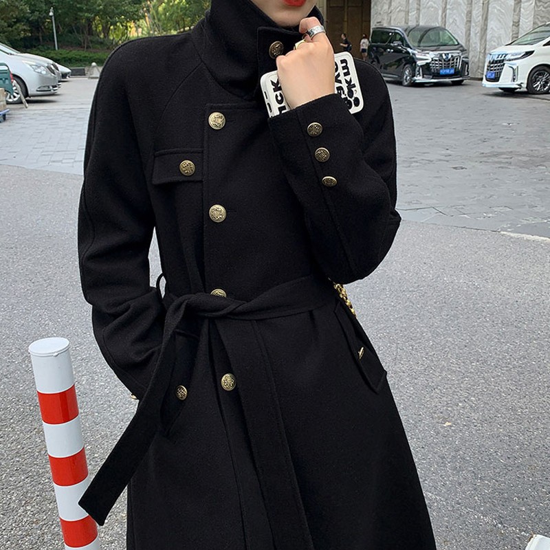 高级感黑色呢子大衣女加厚中长款过膝冬季收腰显瘦毛呢外套赫本风