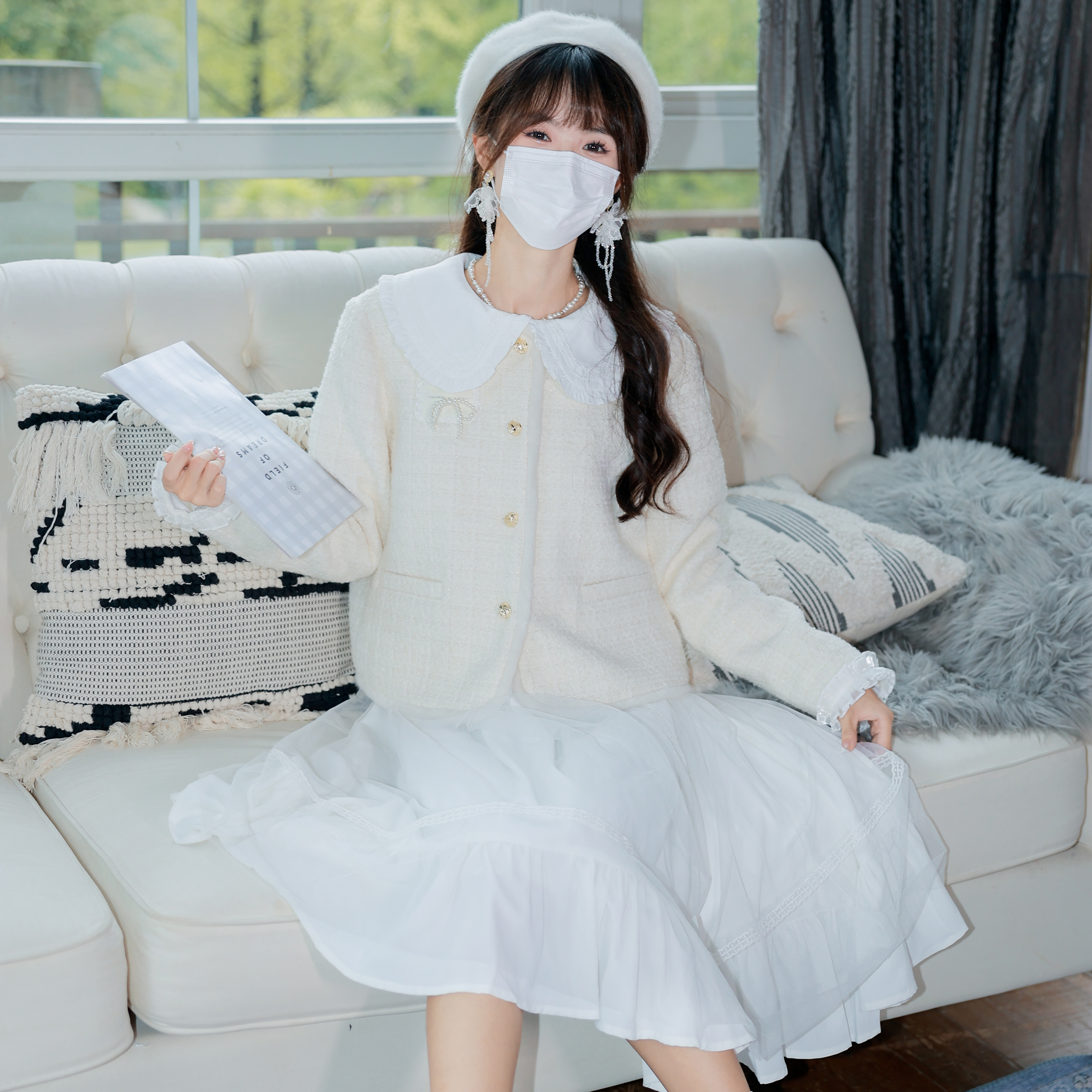 菲林の日记 花崎鹿原创气质法式小香风上衣半裙套装千金感白色加厚