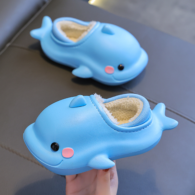 儿童棉拖鞋冬季男童鲸鱼2023新款室内保暖包跟女孩宝宝毛毛绒棉鞋