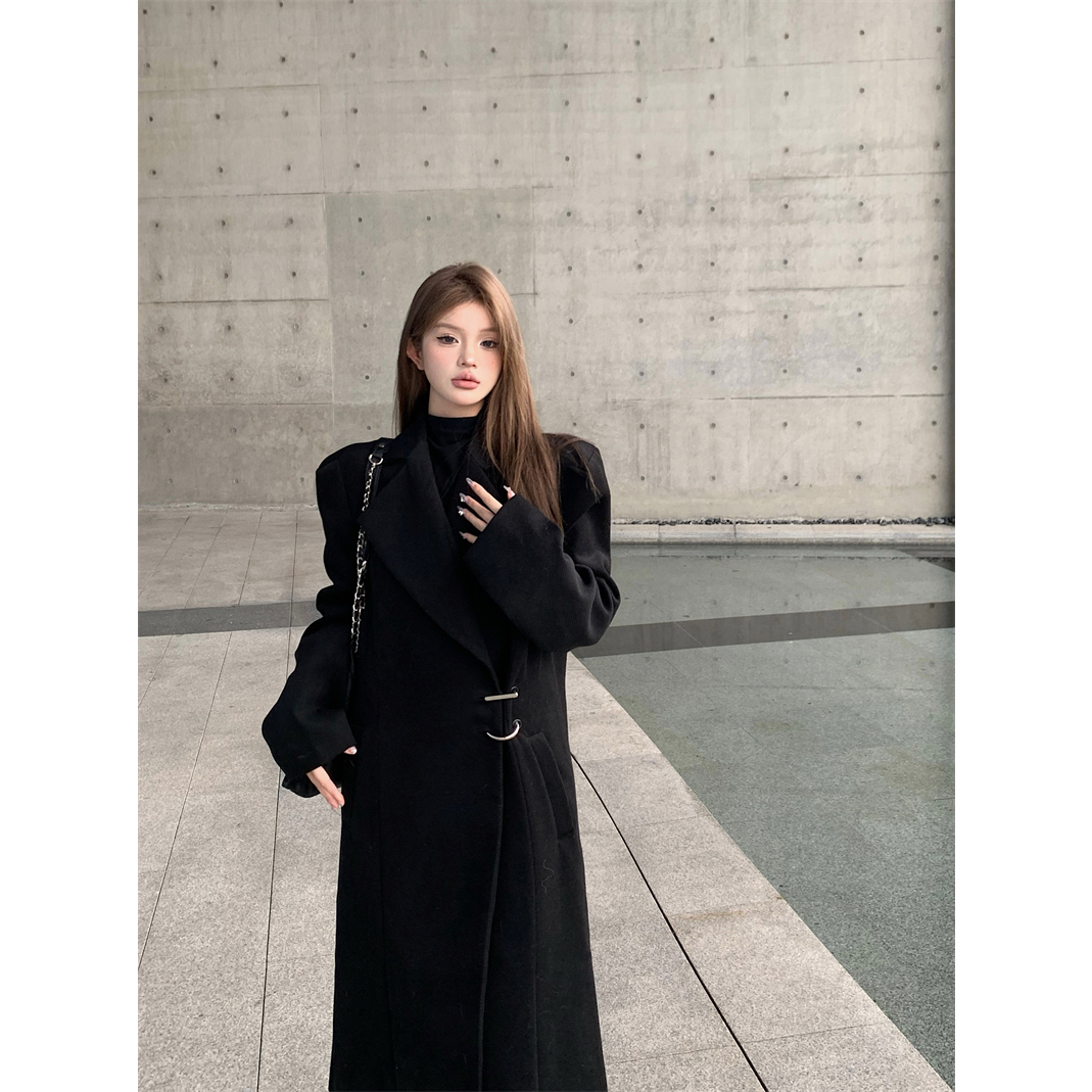 毛呢大衣加厚赫本风正肩西装毛呢外套中长款女装设计感2023年秋冬