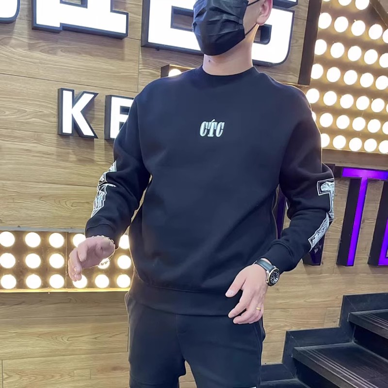 2023秋冬保暖个性印花高端卫衣男韩版修身圆领长袖百搭加绒t恤衫