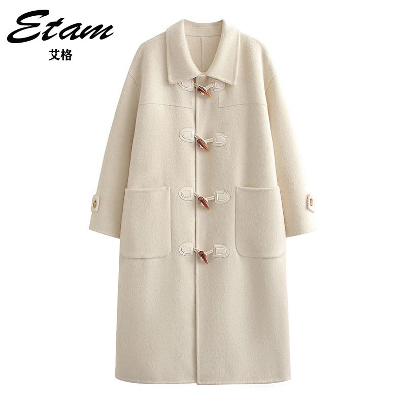 Etam/艾格2023秋冬新款双面呢气质韩版中长款毛呢外套牛角扣设计
