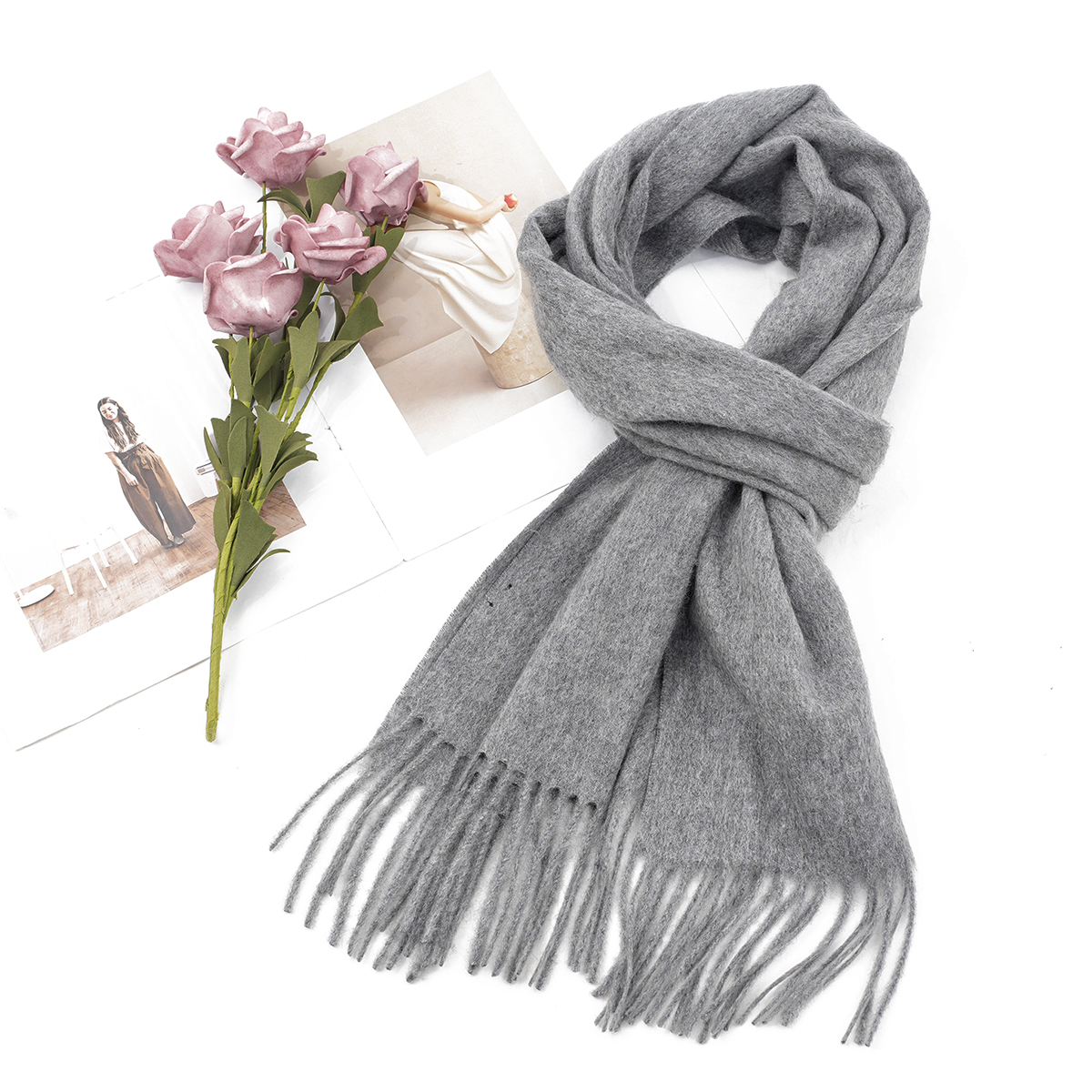 2023新款秋冬季100%绵羊绒围巾时尚百搭女士围巾长款流苏加厚保暖