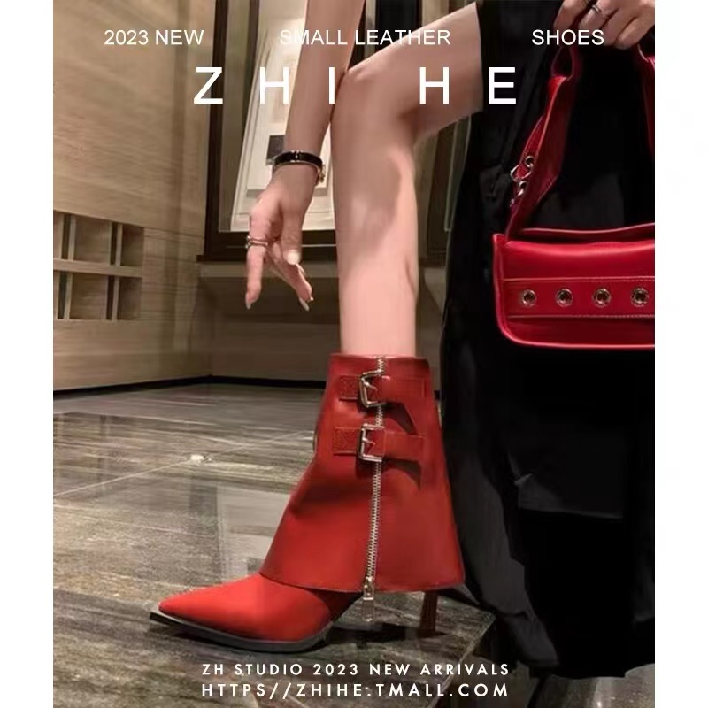 酒红色短靴女欧美风秋冬高跟套筒靴尖头性感辣妹细跟个性裤管靴子